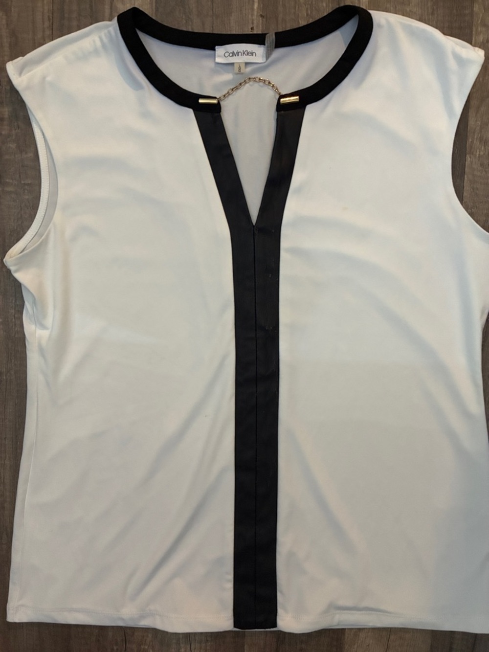 Calvin Klein White Sleeveless V-Neck Shell with Black Trim and Chain Accent